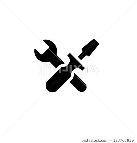 Tools icon featuring black hammer and wrench in a minimalist silhouette design Tools icon featuring black hammer and wrench in a minimalist silhouette design 123703939