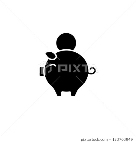 Black piggy bank silhouette with coin on top and curly tail Black piggy bank silhouette with coin on top and curly tail 123703949