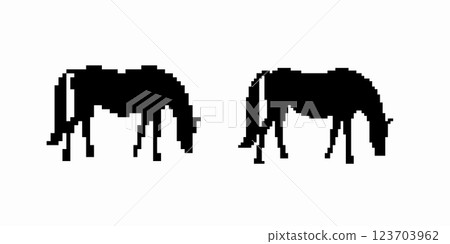 Silhouette of two grazing horses facing each other in a minimalist style 123703962