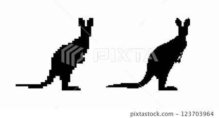 Silhouettes of two kangaroos in profile showing distinctive long tails and large hind legs 123703964