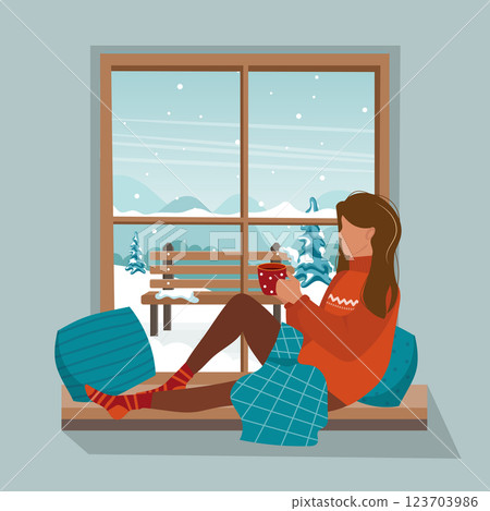 Cozy winter illustration with cute girl sitting on a windowsill with a cup, small-knit blanket. Window overlooking the village. Comfortable lifestyle. Flat style template. Girl next to window Cozy winter illustration with cute girl sitting on a windowsill with a cup, small-knit blanket. Window overlooking the village. Comfortable lifestyle. Flat style template. Girl next to window 123703986