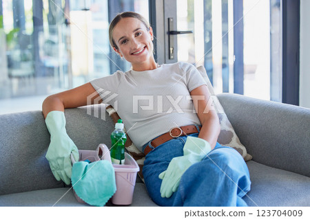 Sofa, cleaning service and business woman in portrait with cleaner product basket and house living room work with home trust. Entrepreneur, small business owner or startup for clean success career Sofa, cleaning service and business woman in portrait with cleaner product basket and house living room work with home trust. Entrepreneur, small business owner or startup for clean success career 123704009