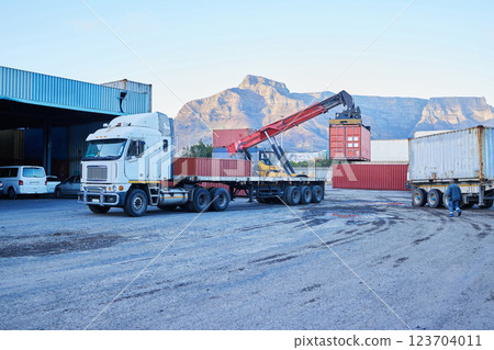 Container, logistics and truck for transport of cargo, stock or manufacturing delivery at a warehouse. Transportation of freight for distribution, shipping and ecommerce at an industrial factory 123704011