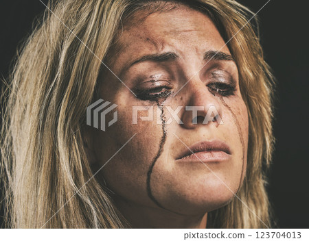 Sad, depression and woman crying with makeup smudge on face from tears with studio wall closeup. Depressed, hopeless and unhappy girl with mental health problem in distress with messy mascara. Sad, depression and woman crying with makeup smudge on face from tears with studio wall closeup. Depressed, hopeless and unhappy girl with mental health problem in distress with messy mascara. 123704013
