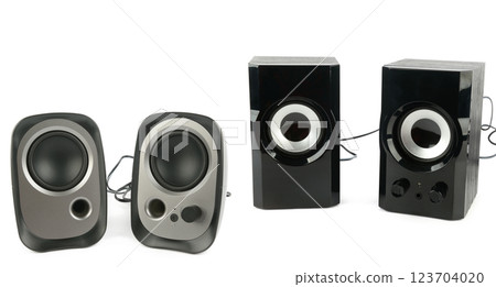 A new black bookshelf speakers isolated on white background. 123704020