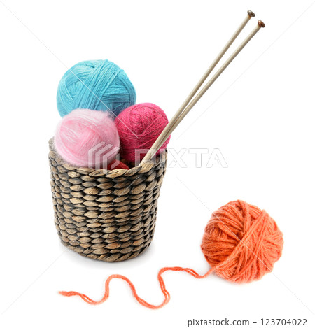 Multicolored balls of yarn and knitting needles isolated on white. Collage. 123704022
