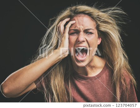 Face, mental health and screaming woman headache, anxiety or stress. Psychology, bipolar or crazy, insane or depressed schizophrenia female, shouting or hearing voices alone on dark studio background Face, mental health and screaming woman headache, anxiety or stress. Psychology, bipolar or crazy, insane or depressed schizophrenia female, shouting or hearing voices alone on dark studio background 123704057
