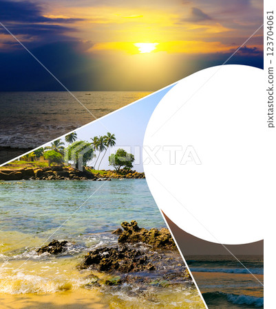 Panoramic beach landscape. Sunrise on the rocky shore of tropical sea. Panoramic beach landscape. Sunrise on the rocky shore of tropical sea. 123704061