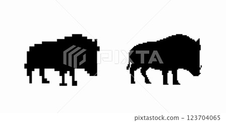 Silhouettes of two bisons standing strongly with distinct figures and unique majestic presence 123704065