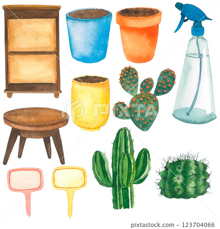 A cactus in a pot, wardrobe and table. Watercolor illustration on a white background. For the printing of postcards, stickers, for the design of websites and social networks., printing on textiles. 123704066
