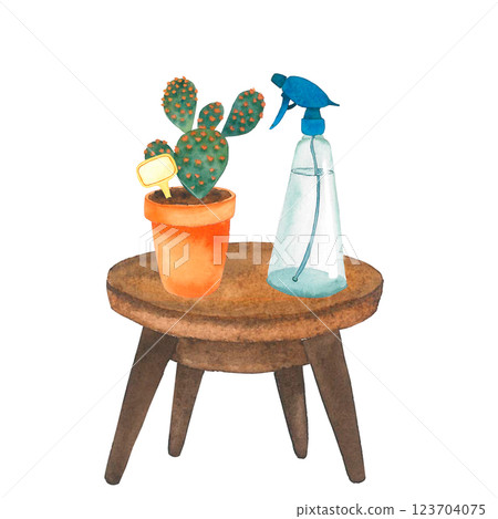 A cactus and a spray bottle on the table. Watercolor illustration on a white background. For the printing of postcards, stickers, for the design of websites and social networks, printing on textiles. 123704075
