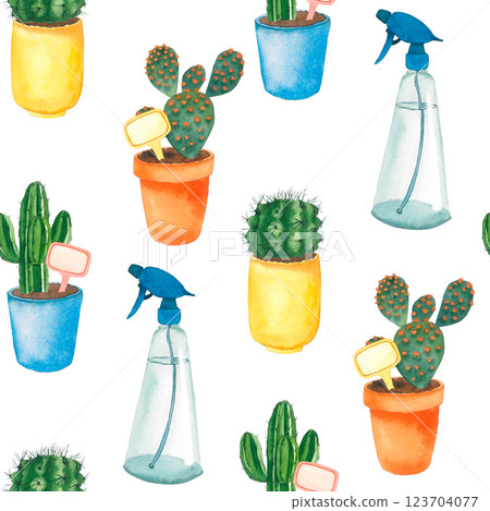 Pattern with a cactus and a spray bottle. Watercolor illustration on a white background. For the printing of postcards, stickers, for the design of websites and social networks 123704077