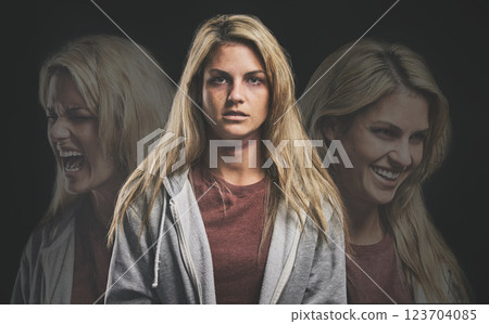 Horror, crazy or bipolar woman in double exposure on dark studio for psychology and mental health mockup. Schizophrenia girl with anxiety, depression or personality disorder problem in face portrait 123704085
