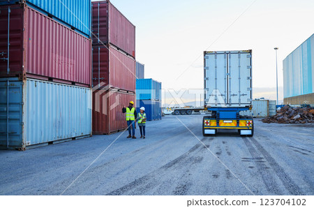 Delivery, leadership and logistics manager with worker speaking on shipping cargo, stock or inventory outdoors, Industry employee talking to foreman on truck transportation services in Dallas, USA 123704102