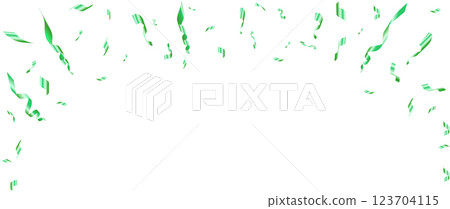 Green confetti explosion. Shiny flying pieces of foil . Festive frame for carnival and party event postcard . Vector Illustration. 123704115