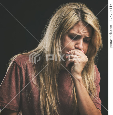 Woman with anxiety, stress and depression or other mental health problems or issues. Therapy, psychological counseling to prevent drug overdose and manage emotional wellbeing of addictive personality 123704116