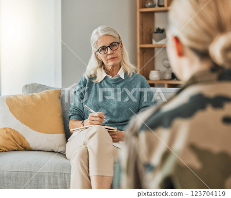 Therapy, support consultation and psychologist talking to a patient about mental health in an office. Senior therapist speaking to a client about a solution to depression or anxiety at a clinic Therapy, support consultation and psychologist talking to a patient about mental health in an office. Senior therapist speaking to a client about a solution to depression or anxiety at a clinic 123704119