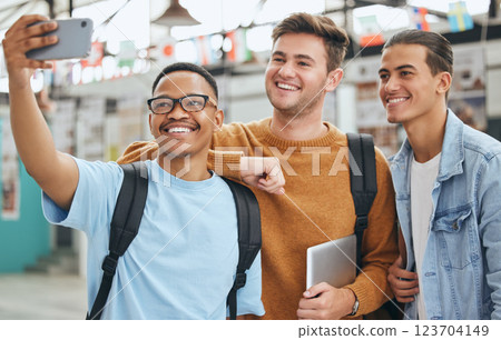Selfie, university campus and students friends portrait for group networking, social media update or cellphone digital memory. College, school men at education or learning scholarship fair on 5g tech Selfie, university campus and students friends portrait for group networking, social media update or cellphone digital memory. College, school men at education or learning scholarship fair on 5g tech 123704149