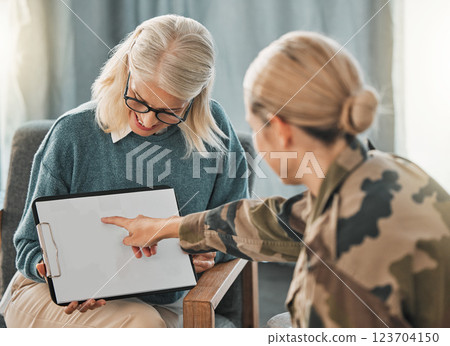 Psychologist, military soldier or Rorschach test on clipboard documents for war trauma, ptsd or anxiety. Inkblot for army woman mental health, depression or burnout counseling with abstract art paper 123704150