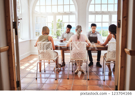 Business people, startup and diversity team in marketing busy at work sitting in modern office. Group of diverse creative employee workers in planning, strategy or company project in conference table 123704166
