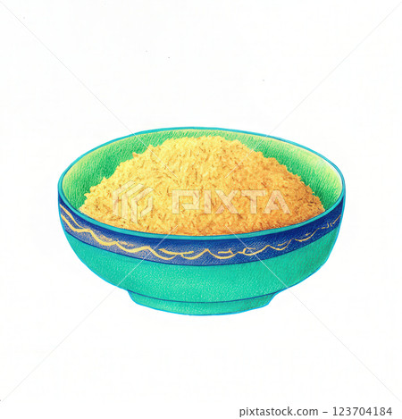 vibrant bowl filled with yellow rice, showcasing its texture and color 123704184