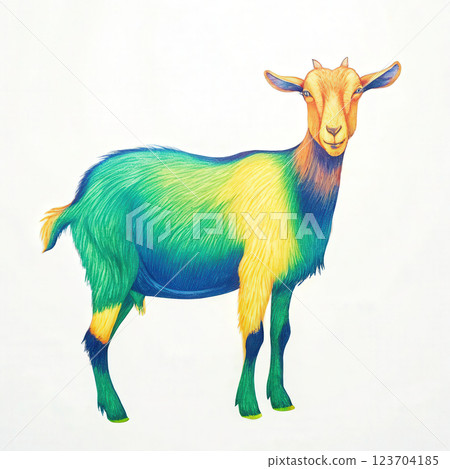 colorful goat illustration with vibrant green, yellow, and blue fur, standing against white background 123704185