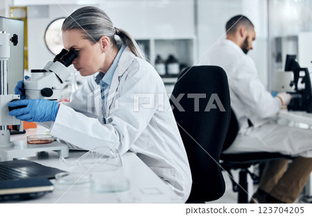 Laboratory woman, microscope or medical research of covid sample, cancer biopsy or DNA engineering analytics. Mature scientist with science equipment, healthcare innovation or insurance medicine idea Laboratory woman, microscope or medical research of covid sample, cancer biopsy or DNA engineering analytics. Mature scientist with science equipment, healthcare innovation or insurance medicine idea 123704205