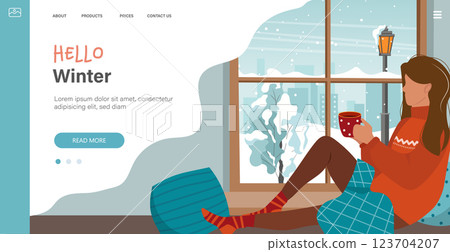Cozy winter illustration with cute girl sitting on a windowsill with a cup, small-knit blanket. Window overlooking the village. Comfortable lifestyle. Flat style template. Girl next to window Cozy winter illustration with cute girl sitting on a windowsill with a cup, small-knit blanket. Window overlooking the village. Comfortable lifestyle. Flat style template. Girl next to window 123704207