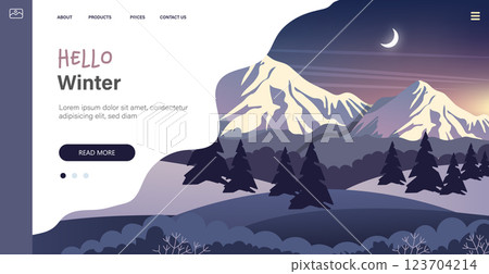 Winter landscape at night with mountains, moon and trees. Hello winter greeting card. Merry Christmas greeting card template. Vector illustration in flat style. Website template 123704214