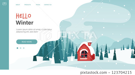 Winter in village holiday template. Winter landscape with cute house and trees, merry Christmas greeting card template. Vector illustration in flat style 123704215