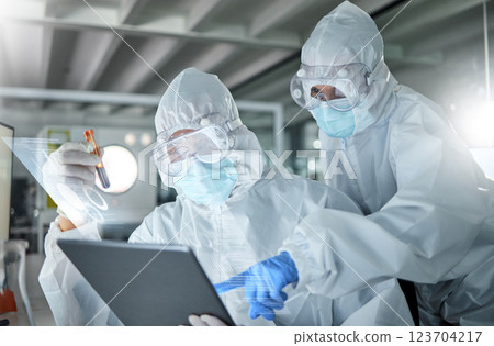 Blood, tablet and ppe scientist for covid vaccine results, test or analytics on medical digital software app in laboratory. Innovation science teamwork of biotechnology expert people for corona virus Blood, tablet and ppe scientist for covid vaccine results, test or analytics on medical digital software app in laboratory. Innovation science teamwork of biotechnology expert people for corona virus 123704217