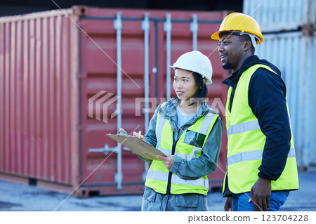 Shipping logistics team, manufacturing planning and work collaboration in supply chain, industrial cargo and production inspection. Factory port man, woman and distribution industry freight checklist Shipping logistics team, manufacturing planning and work collaboration in supply chain, industrial cargo and production inspection. Factory port man, woman and distribution industry freight checklist 123704228