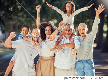 Love, energy and happy family celebrating freedom and a holiday while bonding on an outdoor trip in nature together. Joy, cheerful and crazy kids looking excited and playful with their relaxed family 123704240