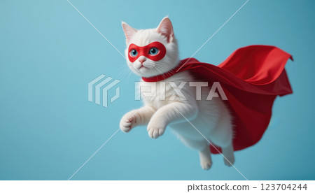 playful white cat in red superhero cape and mask, flying against blue background playful white cat in red superhero cape and mask, flying against blue background 123704244