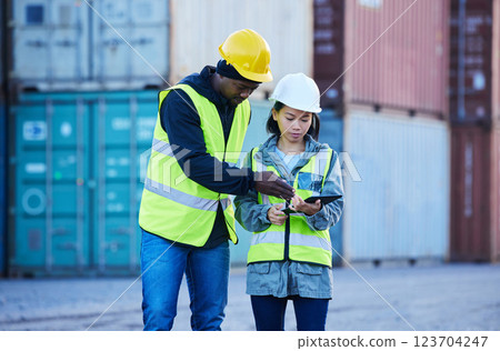 People in construction with tablet, supply chain team collaboration and export distribution digital innovation. Industrial freight logistics, port workers in shipping with 5g wifi and cargo container People in construction with tablet, supply chain team collaboration and export distribution digital innovation. Industrial freight logistics, port workers in shipping with 5g wifi and cargo container 123704247