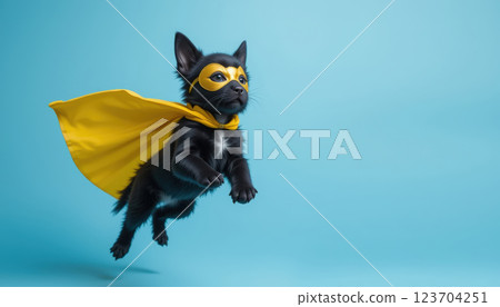 playful black dog in superhero costume, flying against blue background 123704251