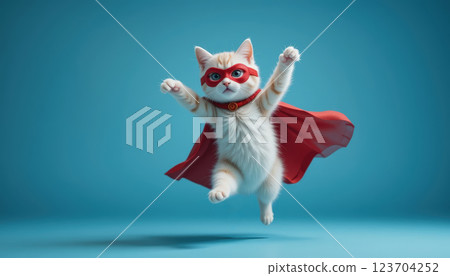 Superhero cat in red cape and mask, jumping against blue background 123704252