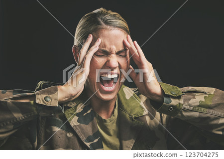 Ptsd, war and mental health with woman soldier suffering from trauma and flashback in a dark studio, stress and anxiety. Psychology, depression and military survivor experience paranoid psychosis Ptsd, war and mental health with woman soldier suffering from trauma and flashback in a dark studio, stress and anxiety. Psychology, depression and military survivor experience paranoid psychosis 123704275