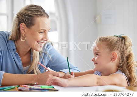 Home school, mother and kid education, creative learning and studying, writing and fun crayon drawing in Australia. Happy mom teaching child development, knowledge and creativity together for growth 123704277