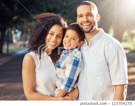 Happy family portrait, boy kid and parents at park outdoors for love, relax and fun walk together in Portugal. Smile mom, dad and young son child in summer garden for happiness, quality time and care 123704278