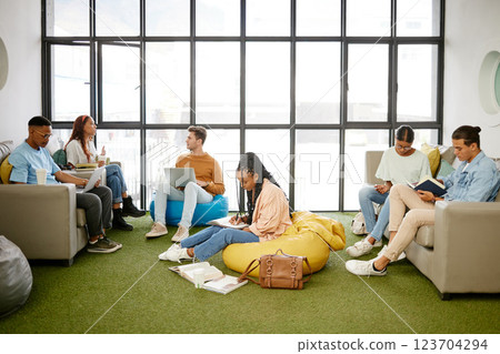 Education, studying and students meeting for project collaboration, teamwork or research planning in university workspace. Design, creativity and relax gen z group of people in college study team 123704294