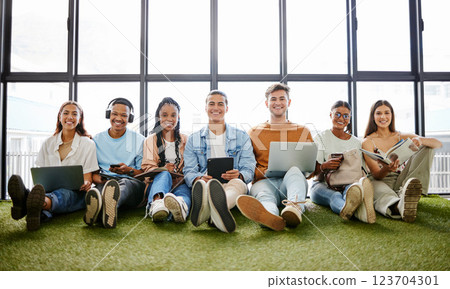 Portrait of team in creative workspace for startup business, working on laptop. Technology, teamwork and diversity in modern city office. Multicultural group with tablet, smartphone and digital tech 123704301