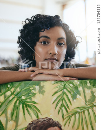 Young artist portrait, creative woman in studio of canvas oil painting and proud Indian female by abstract drawing. Painter workshop, graphic inspiration with color creativity and professional talent 123704313