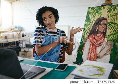 Painting, video call and laptop with woman and art in workshop studio for presentation, designer and graphic. Illustration, painter and communication with girl and webinar with canvas and creative 123704320