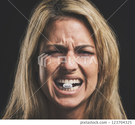 Mental health, pills and woman cry for help suffering from depression, anxiety and fear against dark background. Psychology, stress and drug treatment for psychiatric patient in distress from trauma 123704325
