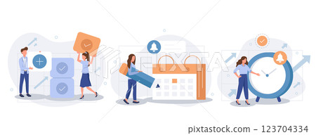 Business illustration set. Self management and multitasking concept. Characters planning and organizing schedule, work task and time management strategy to increase productivity. Vector illustration. Business illustration set. Self management and multitasking concept. Characters planning and organizing schedule, work task and time management strategy to increase productivity. Vector illustration. 123704334