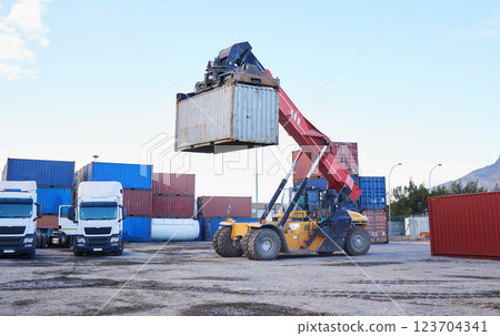 Logistics industry, forklift shipping container for distribution truck and supply chain export in Canada. International transportation for ecommerce, industrial global trade and cargo freight service Logistics industry, forklift shipping container for distribution truck and supply chain export in Canada. International transportation for ecommerce, industrial global trade and cargo freight service 123704341