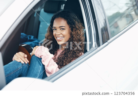 Black woman, car and window smile for road trip, drive or transport. Girl, vehicle and happy for adventure on travel, vacation or drive on road, street or highway for happiness, freedom and relax 123704356