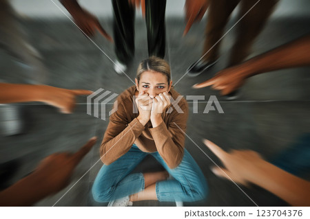 Fear, bullying and hands pointing at girl scared, sad and crying for help from stress, depression and group circle. Judge, anxiety and woman suffering from crowd blame, trauma or emotional pain Fear, bullying and hands pointing at girl scared, sad and crying for help from stress, depression and group circle. Judge, anxiety and woman suffering from crowd blame, trauma or emotional pain 123704376