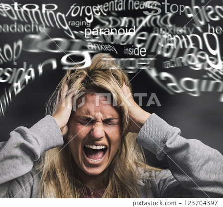 Anxiety, schizophrenia and woman with mental health, stress and paranoid bipolar mindset screaming in pain and anger. Depression, psychology and angry girl frustrated with thinking crazy and negative Anxiety, schizophrenia and woman with mental health, stress and paranoid bipolar mindset screaming in pain and anger. Depression, psychology and angry girl frustrated with thinking crazy and negative 123704397